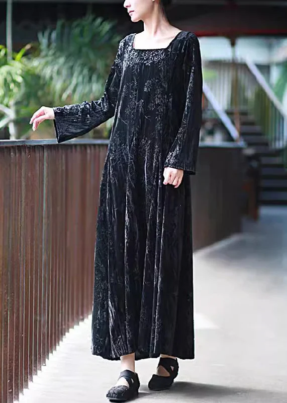 office dressWomen Black U Neck Print Velvet Long Dresses Spring