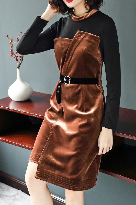 high-waisted dressLong Sleeve Velvet Dress W/ Belt