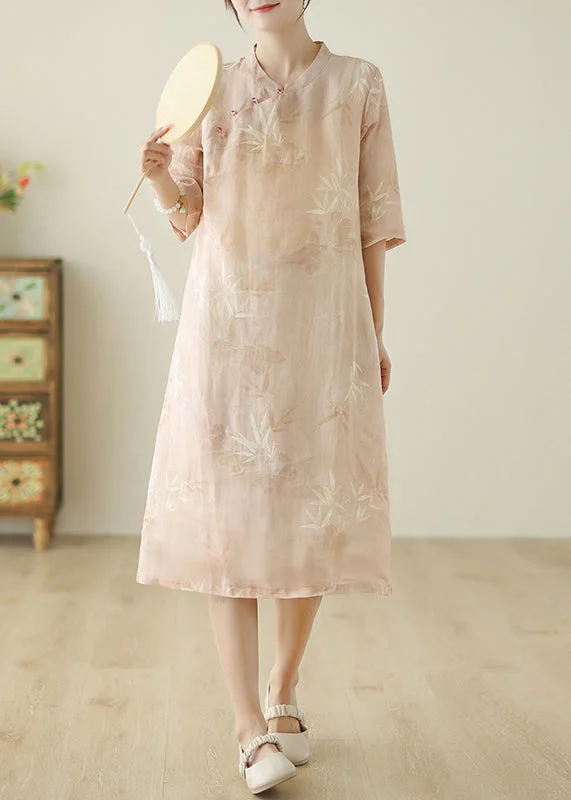 Special Promotion trendy dressWomen Pink Print Pockets Cotton Dress Half Sleeve