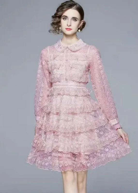 printed dressElegant Pink Peter Pan Collar Ruffles Patchwork Mid Dress Long Sleeve