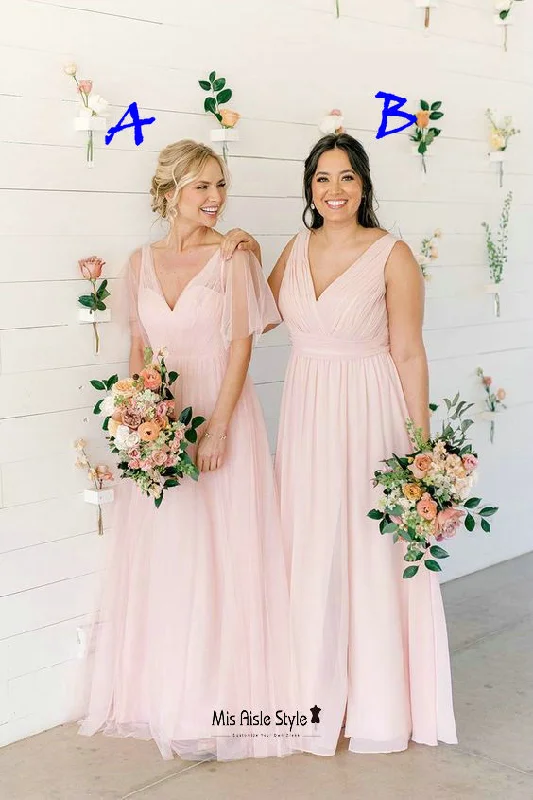 Price Buster pleated maxi dressLong V-neckline Light Pink Bridesmaid Dress