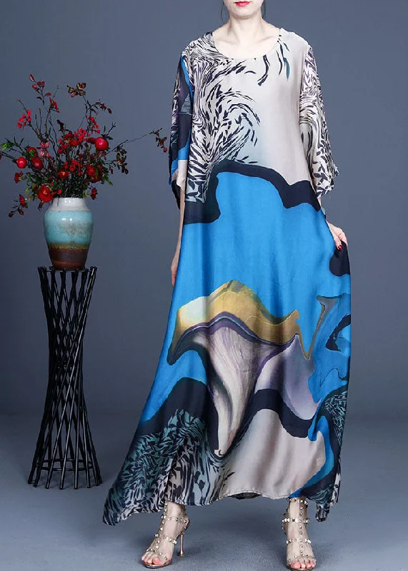 Savings Spectacular casual midi dressBoho Blue O-Neck Print Silk Vacation Dresses Bracelet Sleeve