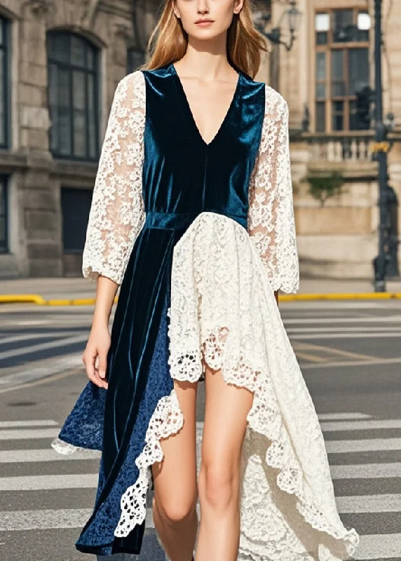 floral wrap dressFashion Navy Asymmetrical Lace Patchwork Silk Velvet Dresses Summer