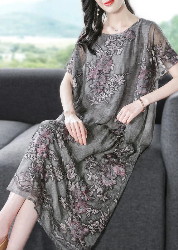 Fantastic Deals chic dressFrench Grey Oversized Embroideried Silk Dress Summer