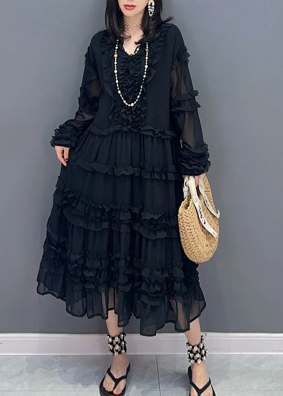 Price Cut evening dressBlack Patchwork Solid Holiday Chiffon Maxi Dress Long Sleeve