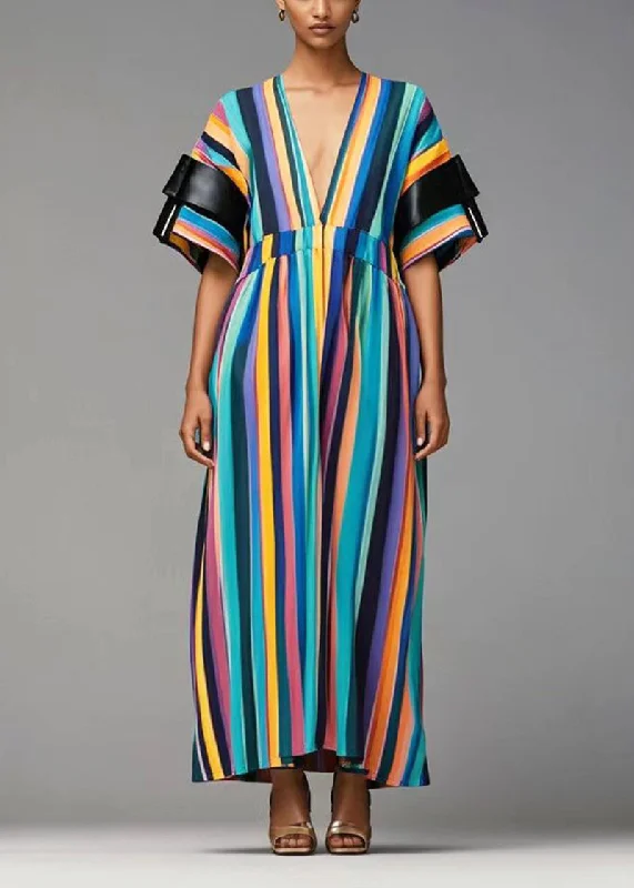 office dressWomen Rainbow Deep-V Neck Striped Cotton Dresses Summer