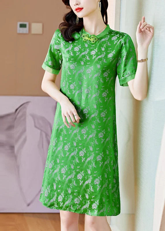 chic slip dressHandmade Green O-Neck Print Button Silk Mid Dress Short Sleeve