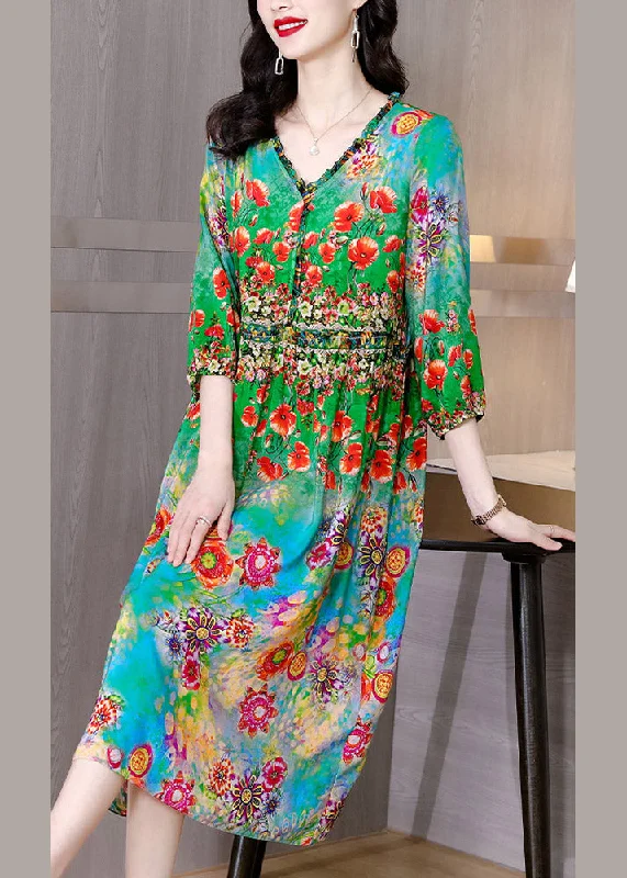 Epic Deals satin midi dressLoose V Neck Print Wrinkled Silk Long Dresses Half Sleeve