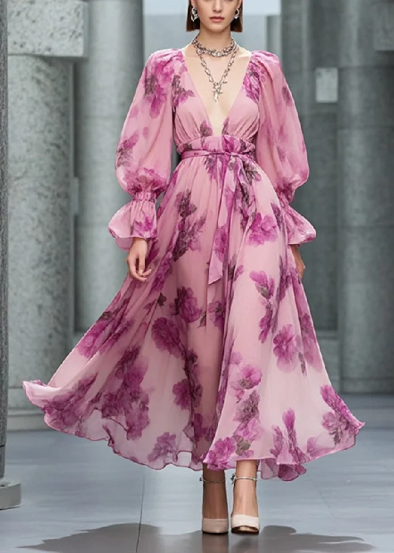 Limited Availability knit dressDiy Pink Deep-V Neck Print Chiffon Vacation Dresses Fall
