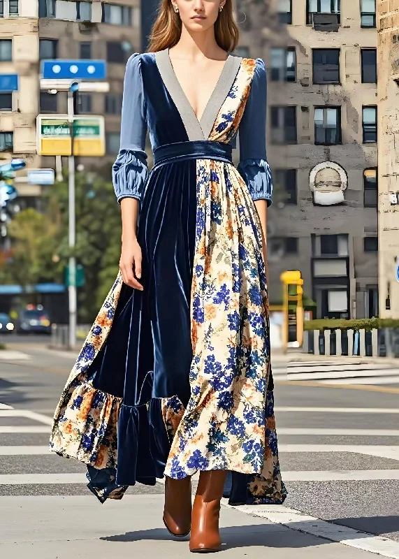 floral dressChic Print Patchwork Exra Large Hem Silk Velvet Long Dresses Spring