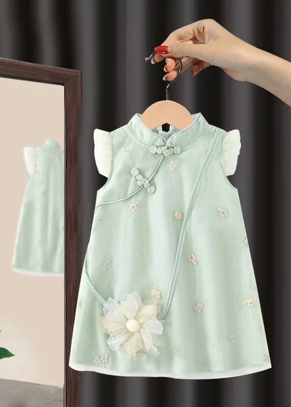 Holiday Sale ruched dressCute Green Embroideried Button Girls Long Dresses Summer