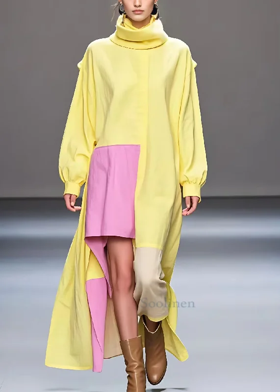 Price Cut wrap dressBohemian Yellow Turtleneck Low High Design Cotton Dresses Fall