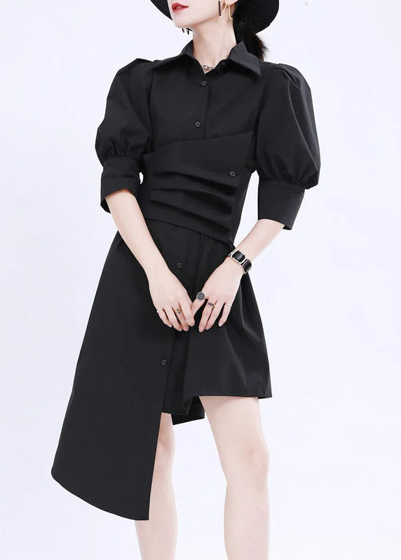 pleated dressFrench Black Asymmetrical Design Solid Color Cotton Shirt Dress Lantern Sleeve