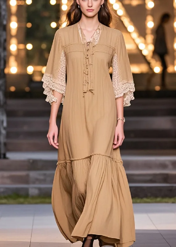 Special Discount summer dressWomen Khaki V Neck Patchwork Lace Cotton Robe Dress Summer