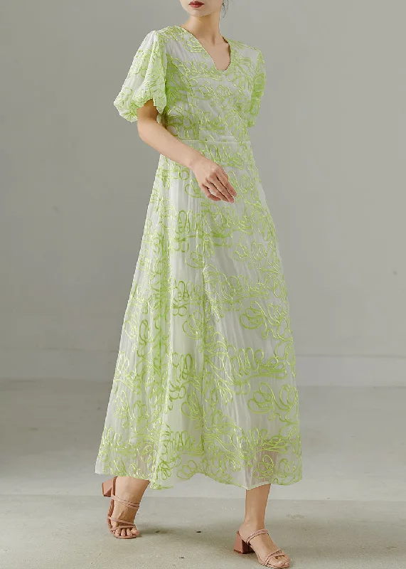 luxury dressBoho Fluorescent Green Embroidered Silk Holiday Dresses Summer