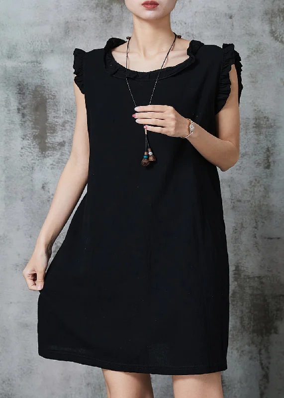 Final Clearance puff sleeve dressBlack Silm Fit Cotton Short Dress Ruffled Summer