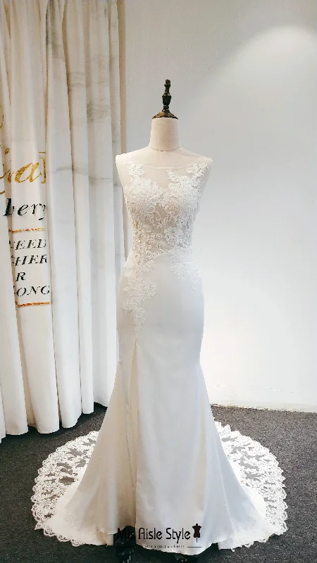 Low Prices minimalistic dressSexy Slit Fit-Flare Sheer Lace Wedding Dress