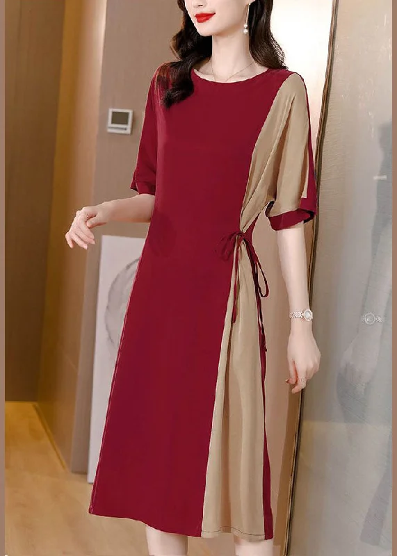 winter dressHandmade Red O-Neck Patchwork Chiffon Cinch Dresses Short Sleeve