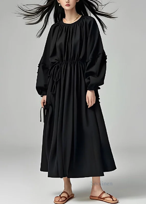 Closeout Sale structured dressFrench Black O Neck Drawstring Cotton Long Dress Lantern Sleeve