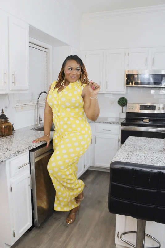 Price Drop Keep Me Polka Dot Yellow Stretchy Jumpsuit
