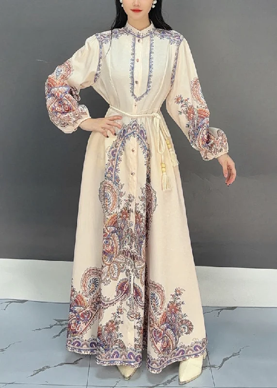 Anniversary Sale oversized dressArt White Print Tie Waist Cotton Shirts Long Dress Fall