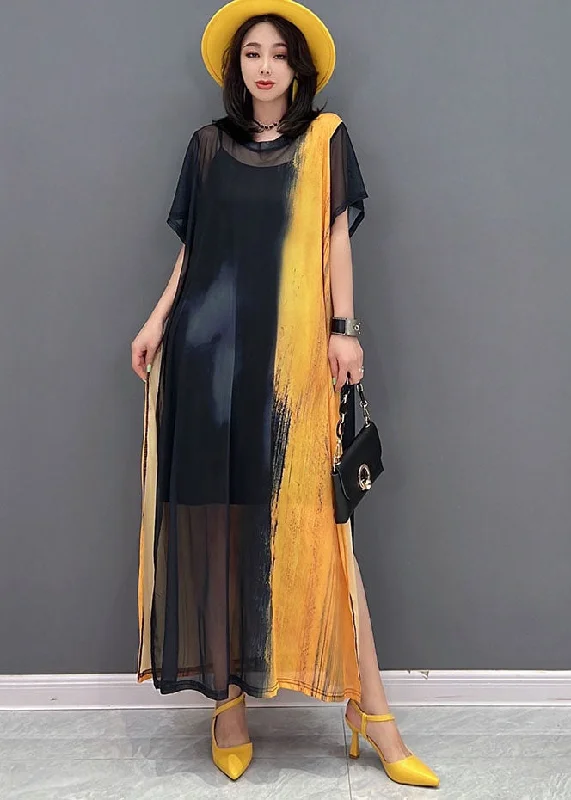 Exclusive Offers wool dressSimple Yellow Black O-Neck Side Open Hollow Out Tulle Dress Long Smock Short Sleeve