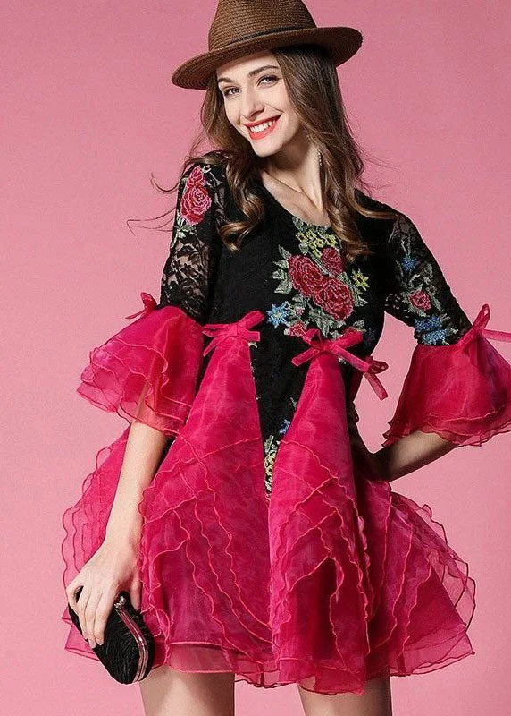 bohemian dressHandmade Rose Embroideried Organza Patchwork Lace Dress Summer