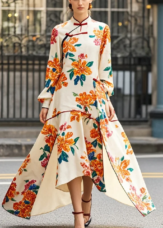 sophisticated dressBeautiful Apricot Print Asymmetrical Side Open Chinese Style Dress Spring