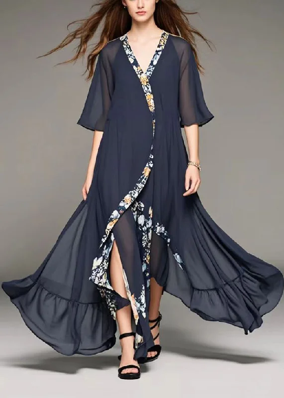 vintage-inspired dressArt Black Asymmetrical Patchwork Chiffon Long Dresses Summer