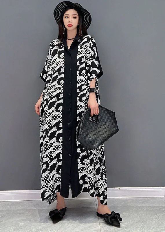 Blowout Sale mini dressPlus Size Black Peter Pan Collar Print Button Cotton Shirt Dress Short Sleeve