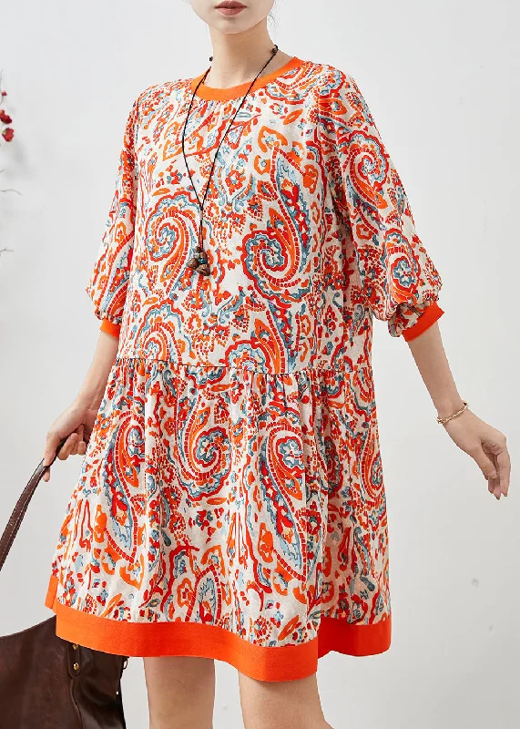 Price Cut silk dressClassy Orange Print Chiffon Tea Dress Fall