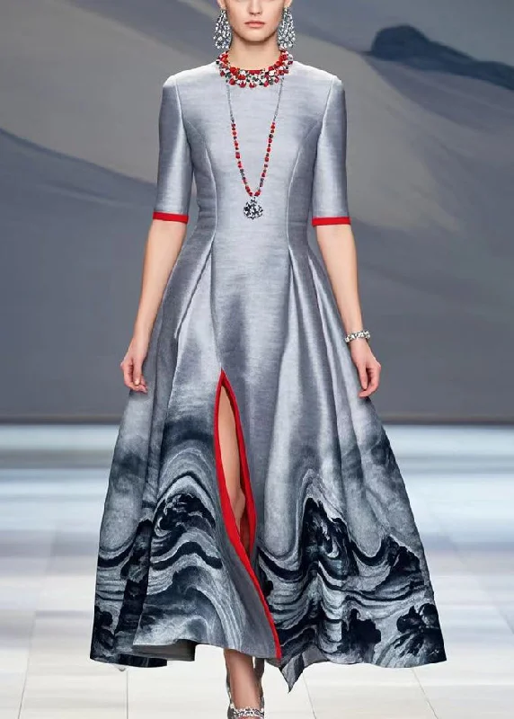Stock Clearance vintage dressItalian Grey Print Side Open Cotton Long Dresses Fall