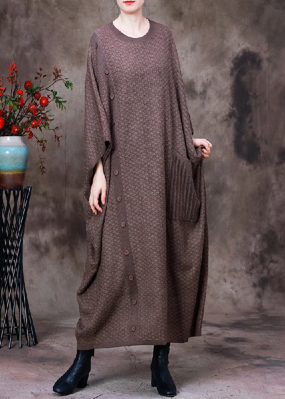 Online Exclusive mini dressWomen Light Chocolate O-Neck Button Pockets Cashmere Maxi Dress Long Sleeve Online Exclusive mini dressWomen Light Chocolate O-Neck Button Pockets Cashmere Maxi Dress Long Sleeve