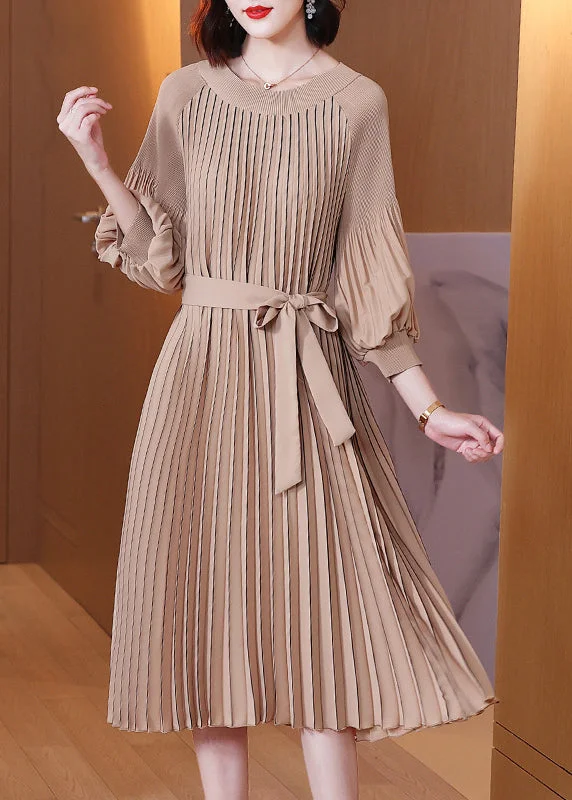 Low Prices wool dressKhaki O-Neck Tie Waist Maxi Dress Lantern Sleeve