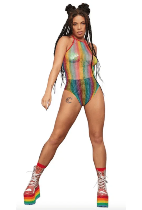 Crazy Deals Rainbow Fishnet Halter Bodysuit