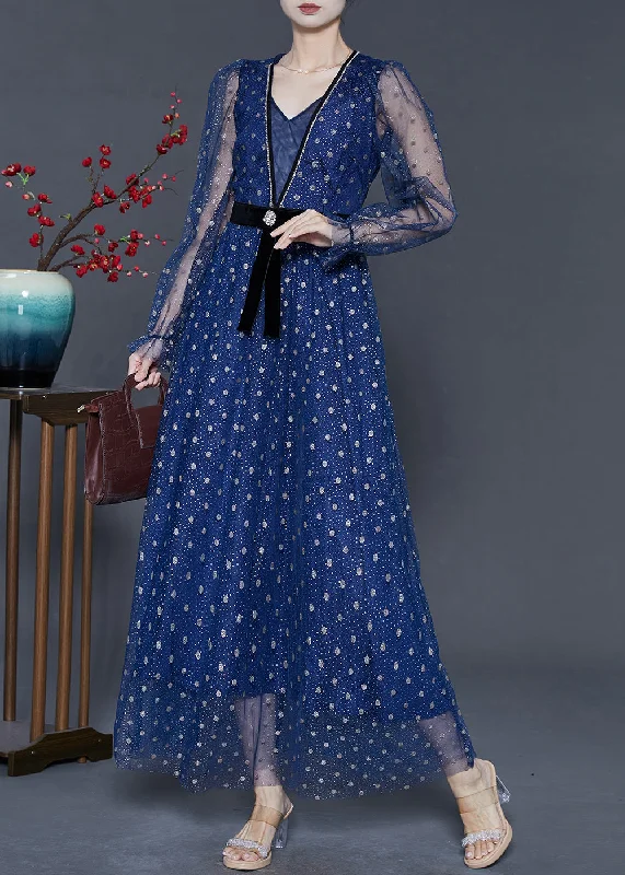 printed dressElegant Blue V Neck Print Tulle Long Dresses Summer