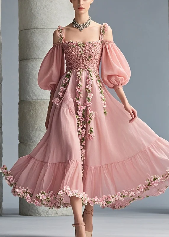 Savings Event comfy dressFrench Pink Cold Shoulder Three-dimensional Floral Chiffon Party Dress Puff Sleeve