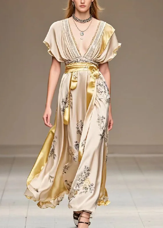 v-neck dressElegant Champagne Cinched Patchwork Print Silk Robe Dresses Summer