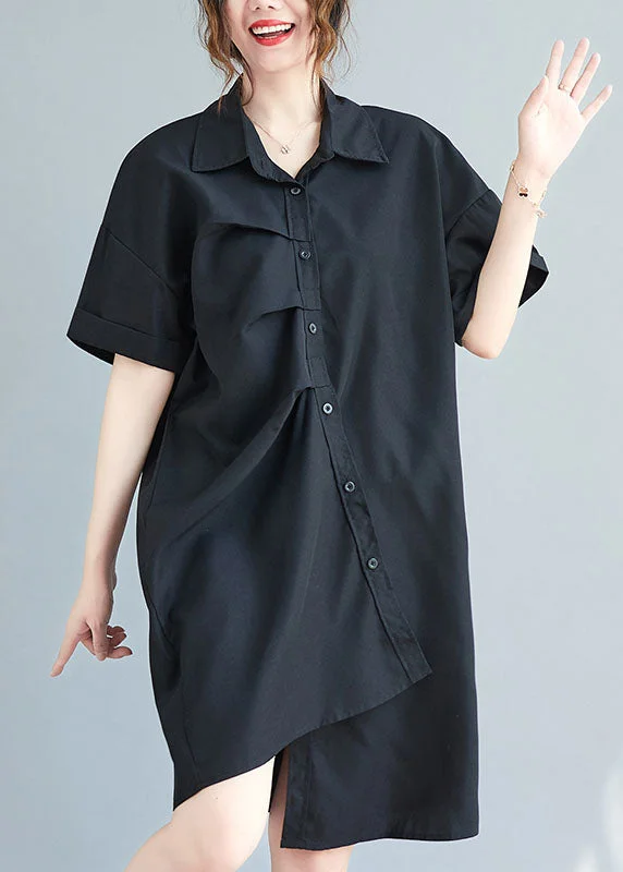 ruched dressBlack Cotton Vacation Dresses Asymmetrical Wrinkled Summer