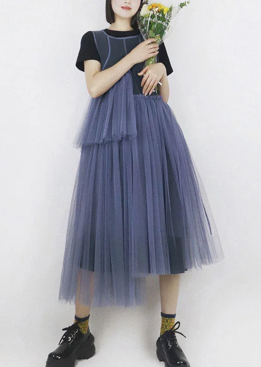 New Deals casual day dressCasual Blue Asymmetrical Design Tulle Robe Dresses Long Smock Summer