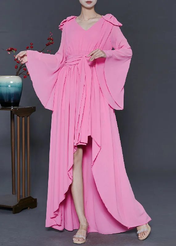Markdowns backless dressBeautiful Pink Low High Design Exra Large Hem Chiffon Vacation Dresses Fall