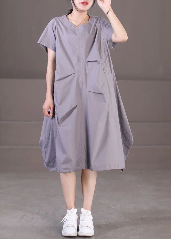 Exclusive Online Offer party dressPlus Size Grey Wrinkled Solid Color Cotton Vacation Dresses Short Sleeve