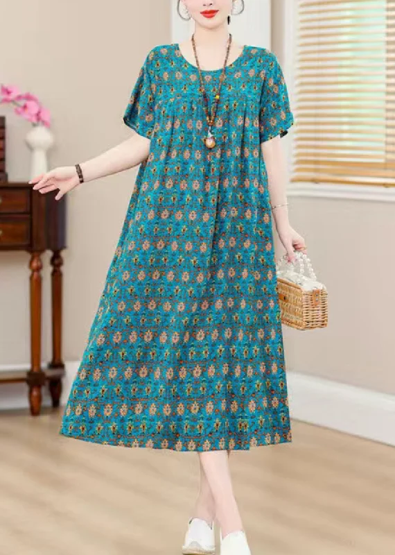 wool dressPlus Size Blue O-Neck Print Holiday Long Dress Short Sleeve