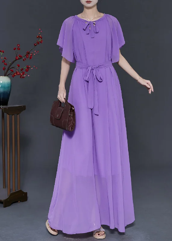 sleeveless dressNatural Purple Tie Waist Chiffon Holiday Dress Summer