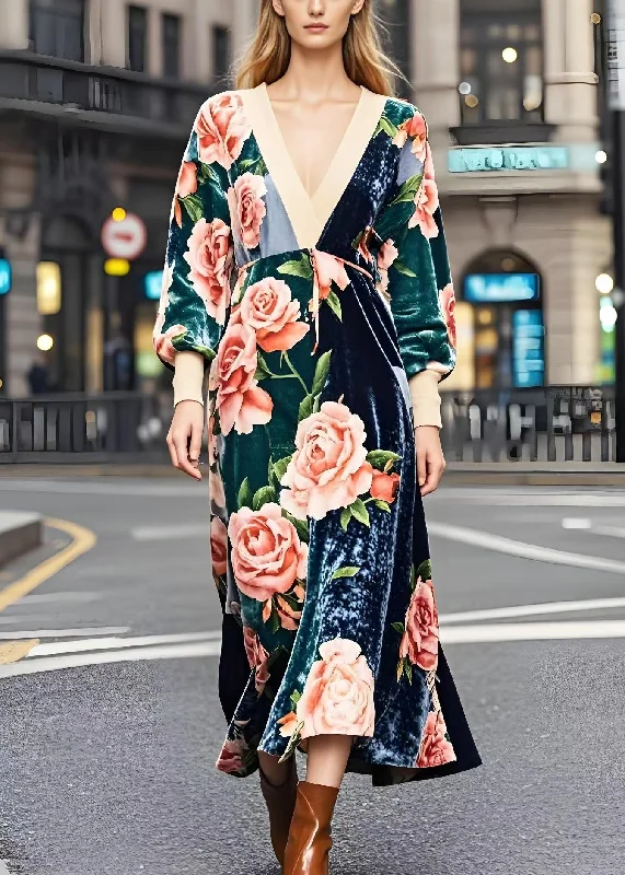 casual evening dressPlus Size Colorblock V Neck Patchwork Print Silk Velvet Dresses Spring