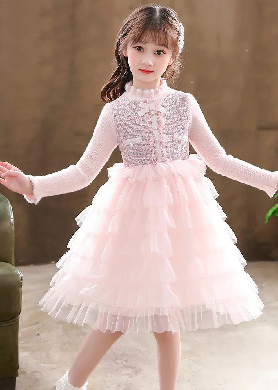 elegant dressElegant Pink Turtleneck Knit Patchwork Tulle Kids Vacation Mid Dresses Long Sleeve