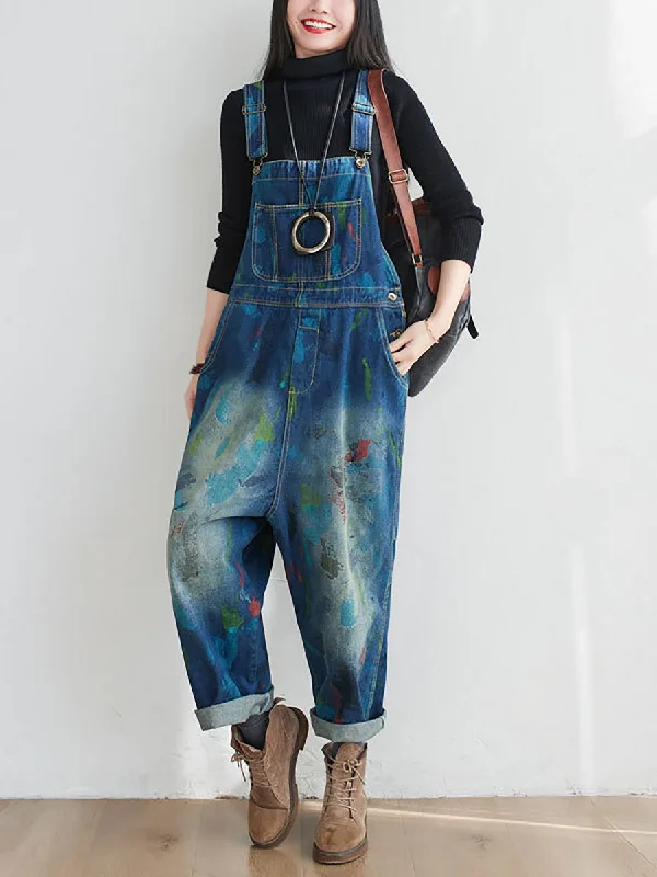 Sneak Peek Sale Women Summer Casual Watercolour Denim Jumpsuits AT1055