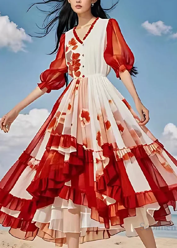 Act Now party-ready dressOrganic Red Print Patchwork High Waist Chiffon Long Dress Lantern Sleeve Act Now party-ready dressOrganic Red Print Patchwork High Waist Chiffon Long Dress Lantern Sleeve