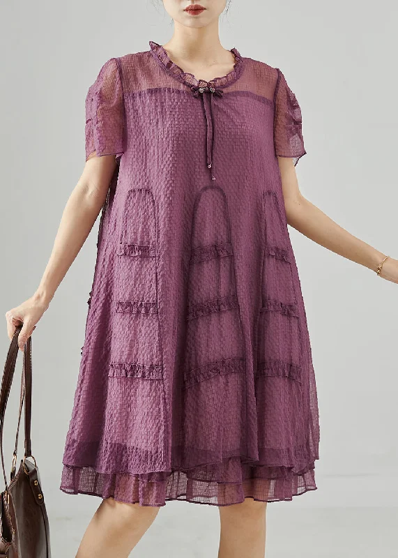 modern dressItalian Purple Ruffled Tasseled Silk Tea Dress Summer