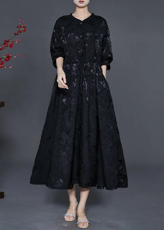 luxury dressWomen Black Cinched Print Exra Large Hem Silk Dress Fall